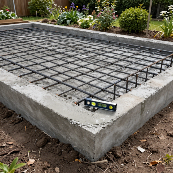 Concrete slab with rebar grid and level on top, framed by a raised border in a garden setting
