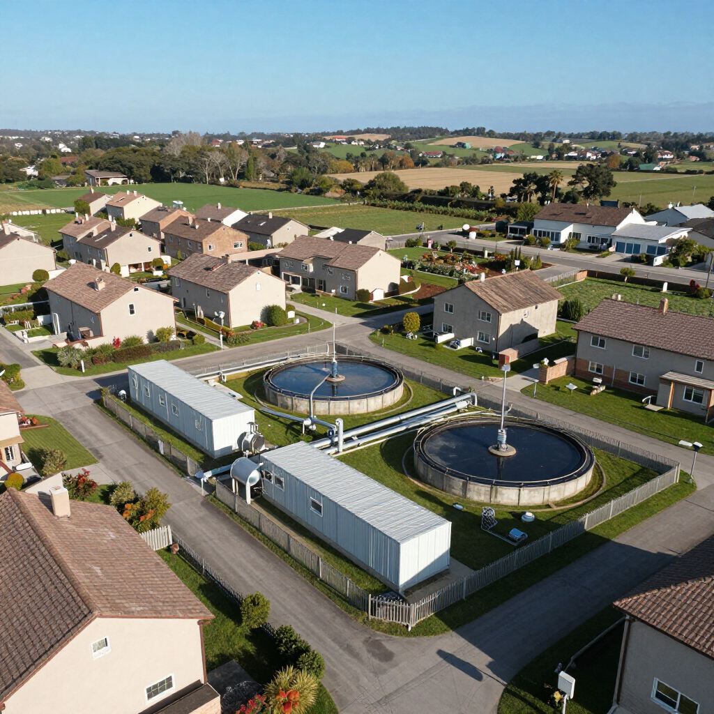 Aerial view of a wastewater treatment plant beside a suburban neighborhood and fields