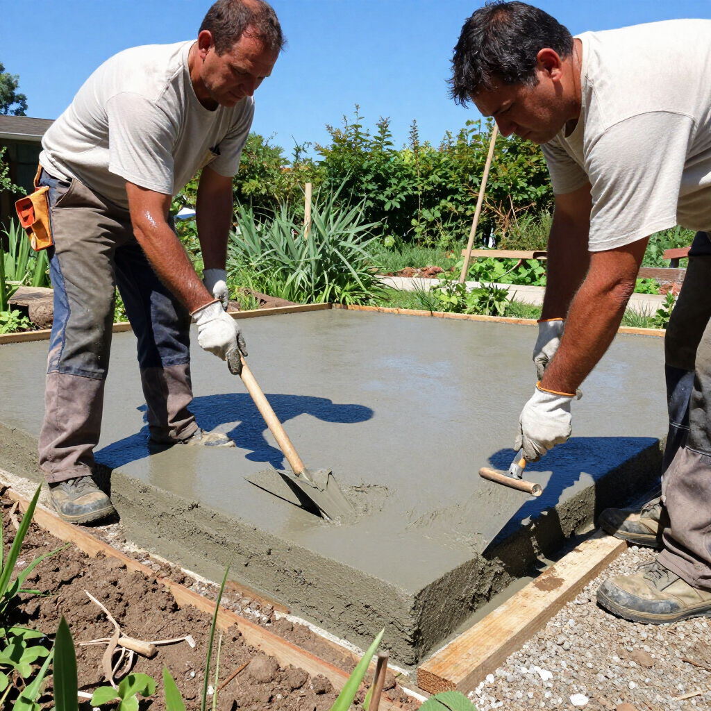Two workers smoothing wet concrete on a slab in a garden