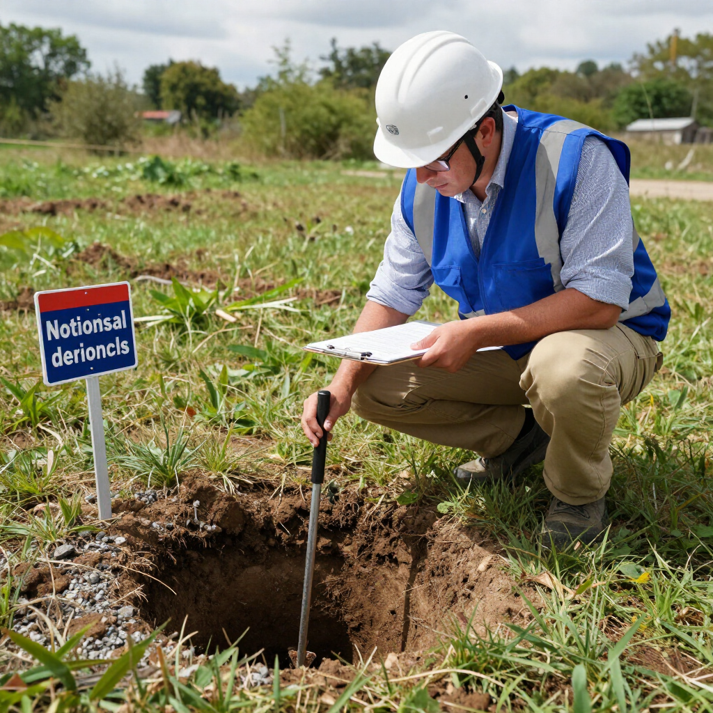 Engineer in white hard hat inspects a soil excavation beside a “National Standards” sign in a field