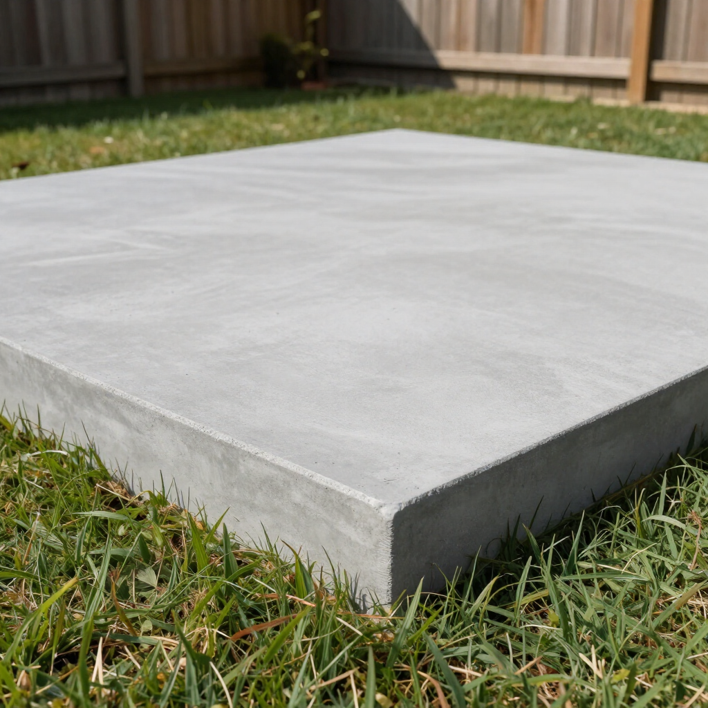 Freshly poured smooth gray concrete slab on grass in a backyard