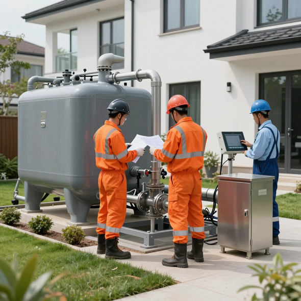 Technicians in orange coveralls inspect an industrial tank beside a house, with a laptop control unit nearby.