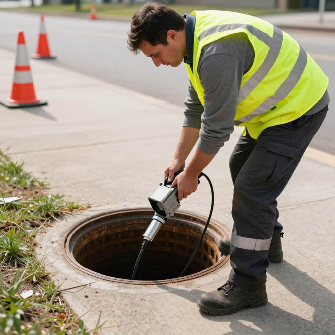 Worker in a reflective vest cleaning a storm drain on a sidewalk with orange traffic cones nearby