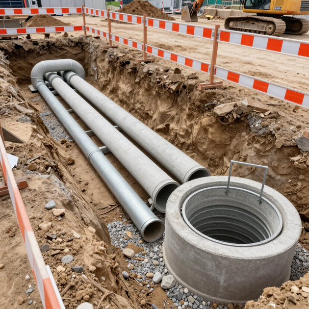 Construction trench with gray utility pipes and a concrete manhole ring beside an excavated roadway.