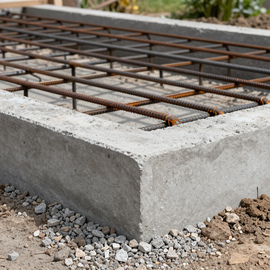 Concrete foundation footing with rust-colored rebar grid on top at a construction site