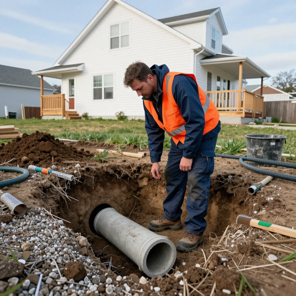 Worker in orange vest inspecting a concrete pipe in a trench at a construction site with a house nearby