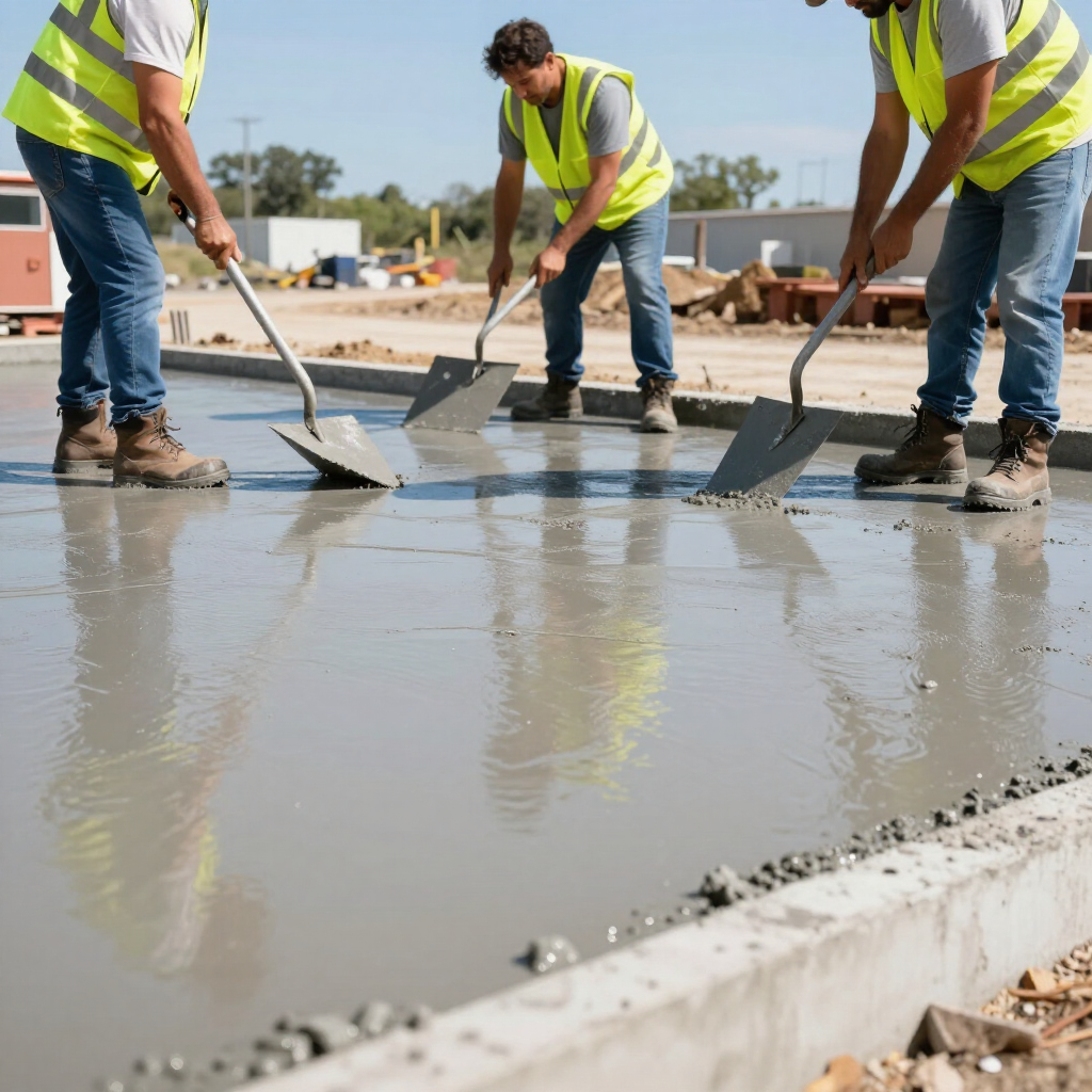 Workers in neon vests smoothing wet concrete at a construction site