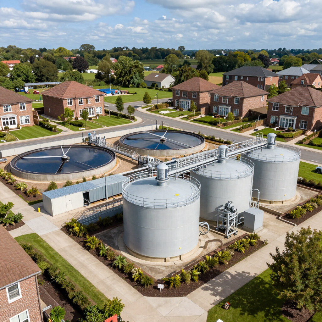 Aerial view of a residential wastewater treatment facility with large tanks in a suburban neighborhood