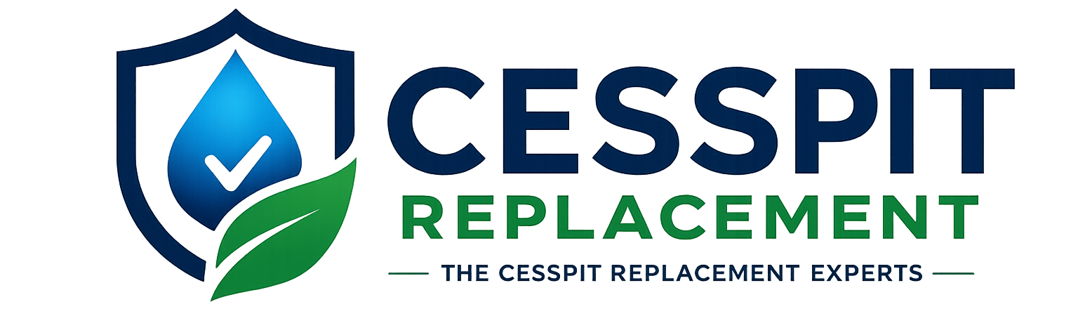 Logo for Cesspit Replacement Ltd with circular green and blue border and drainage icon