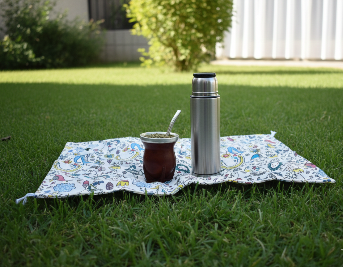 Termo Stanley color lavanda y taza para yerba mate sobre una mesa de madera.
