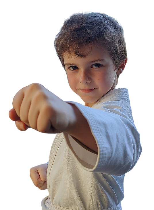 A kid in white karate uniform pose for punch