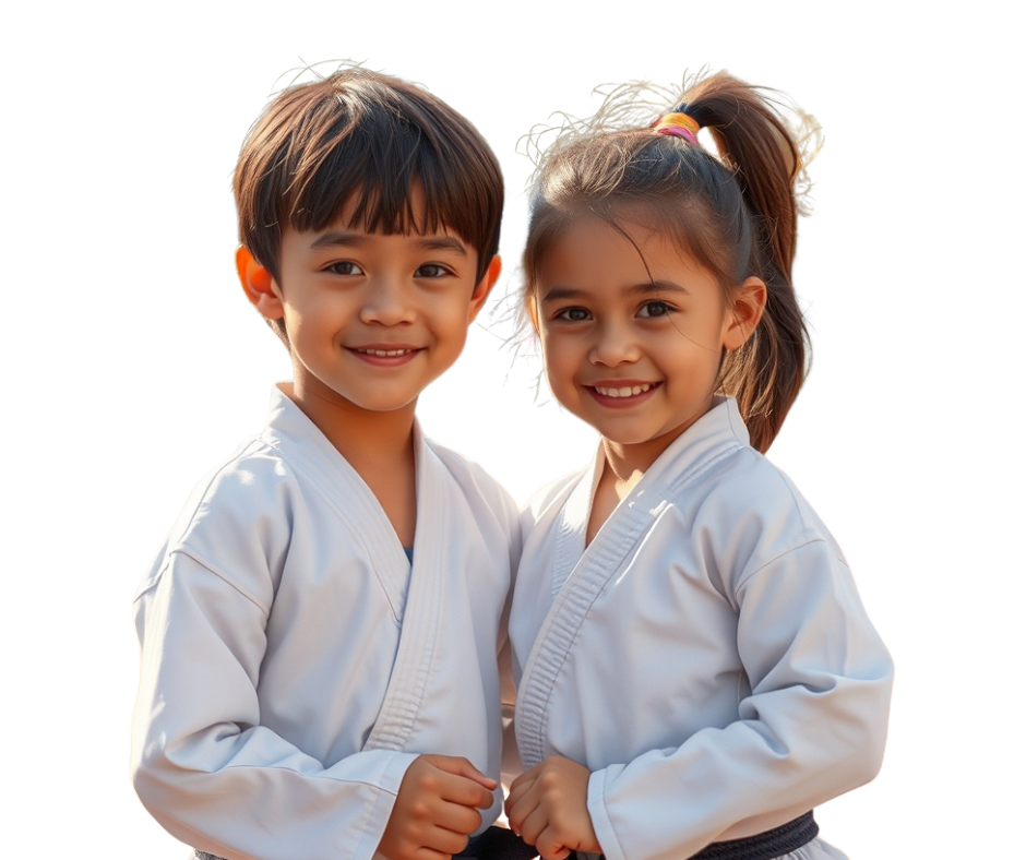 A boy and a girl are standing next to each other in karate uniforms.