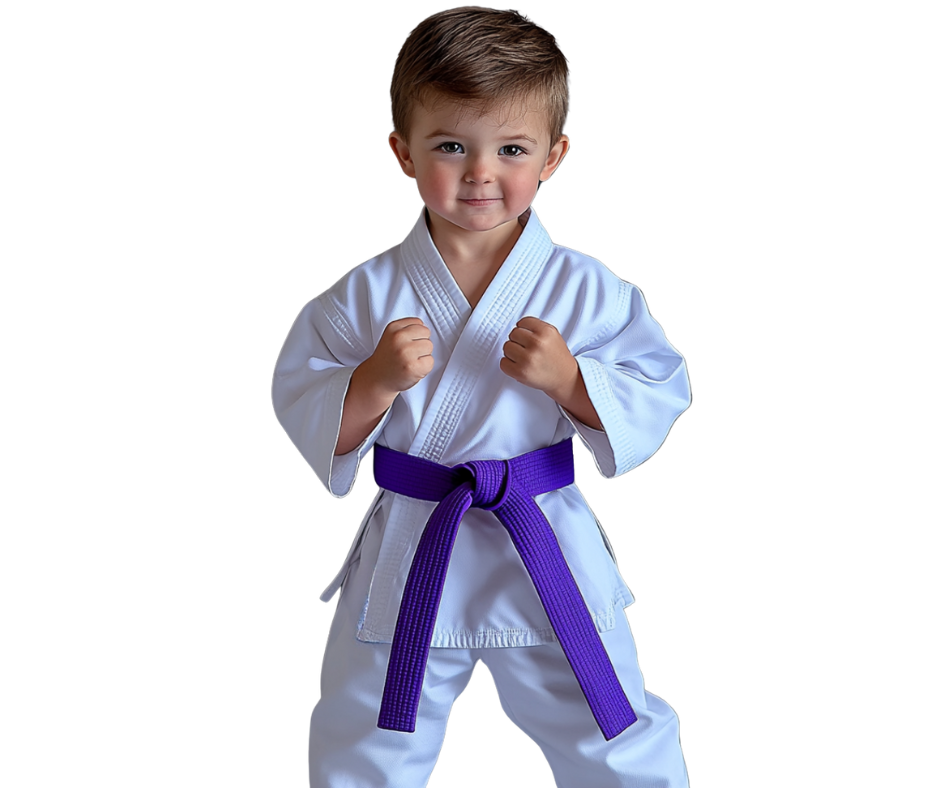 A young boy is wearing a white karate uniform with a purple belt.