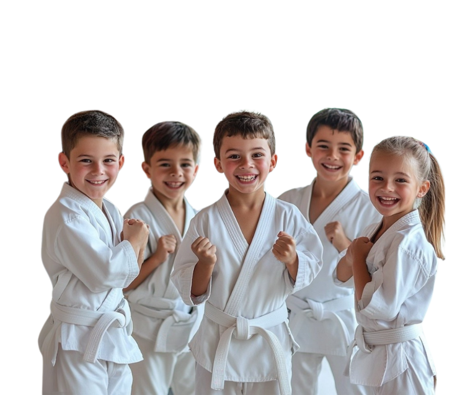 A group of children wearing white karate uniforms are posing for a picture.