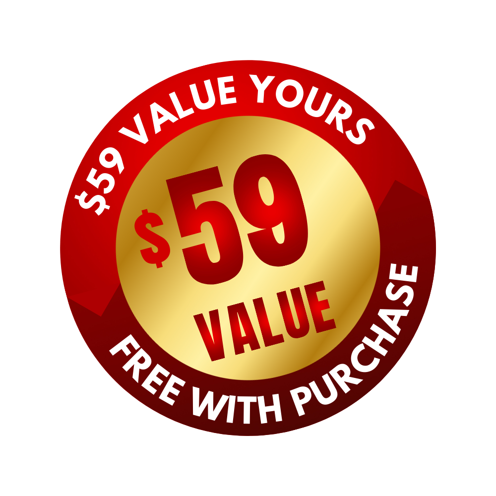 A sticker that says $ 59 value yours free with purchase