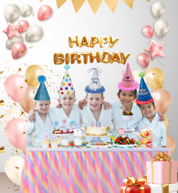 A group of children are posing for a picture at a birthday party