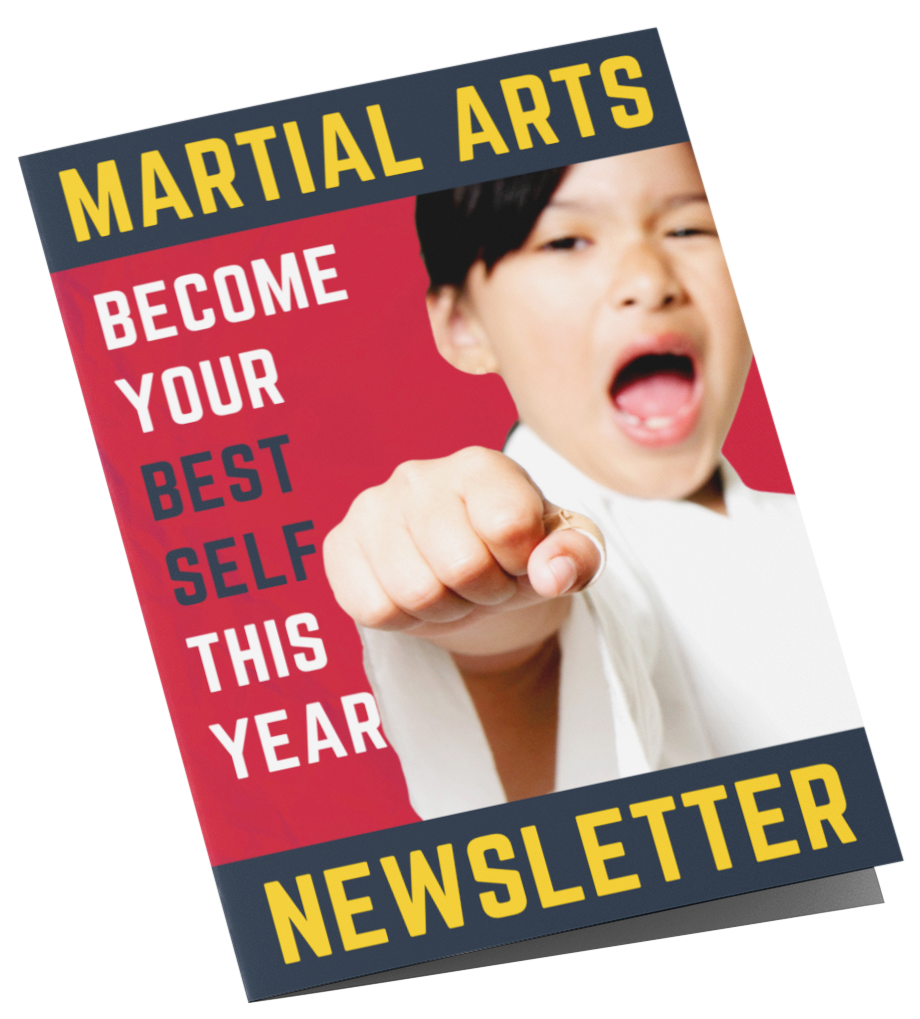 A martial arts newsletter with a picture of a boy pointing