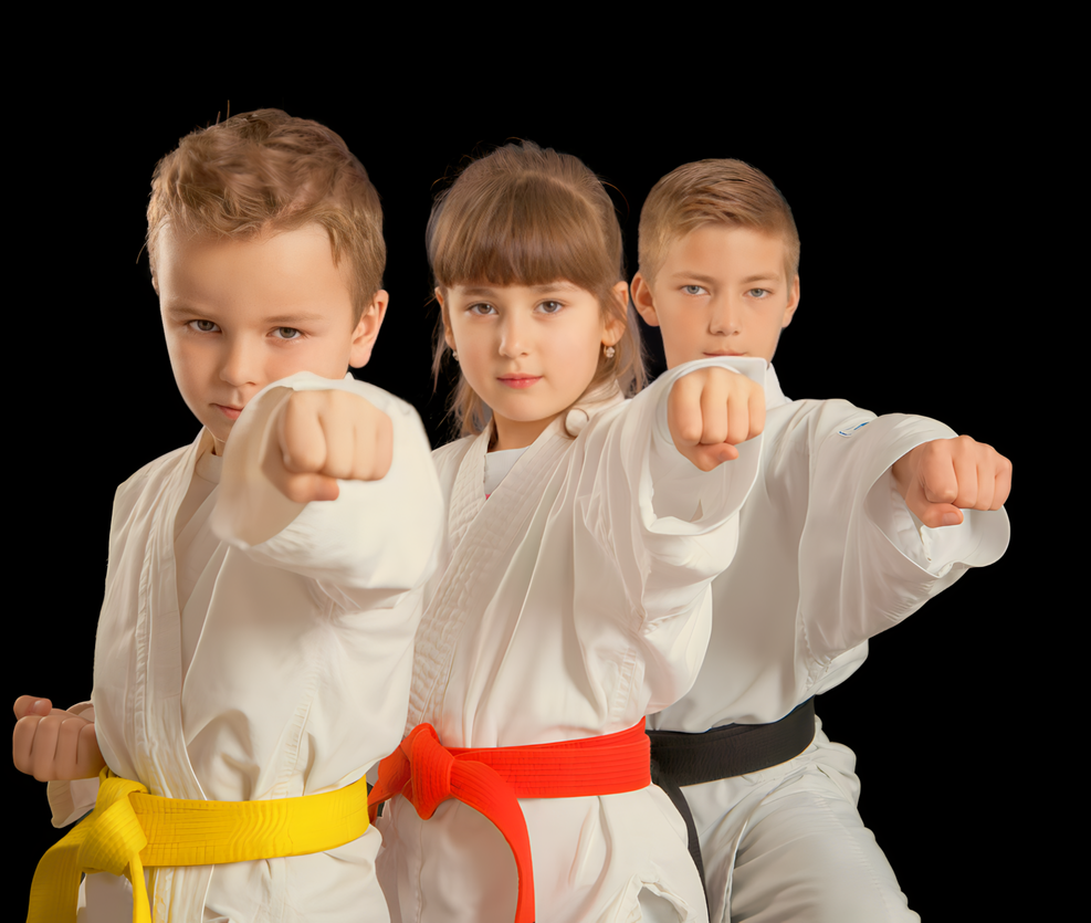 Three children in karate uniforms with different belts are standing next to each other.