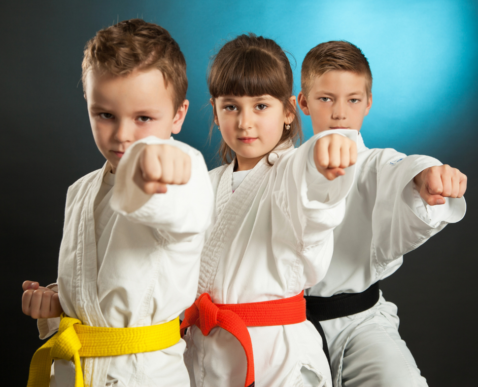 Three children in karate uniforms with different belts are standing next to each other.