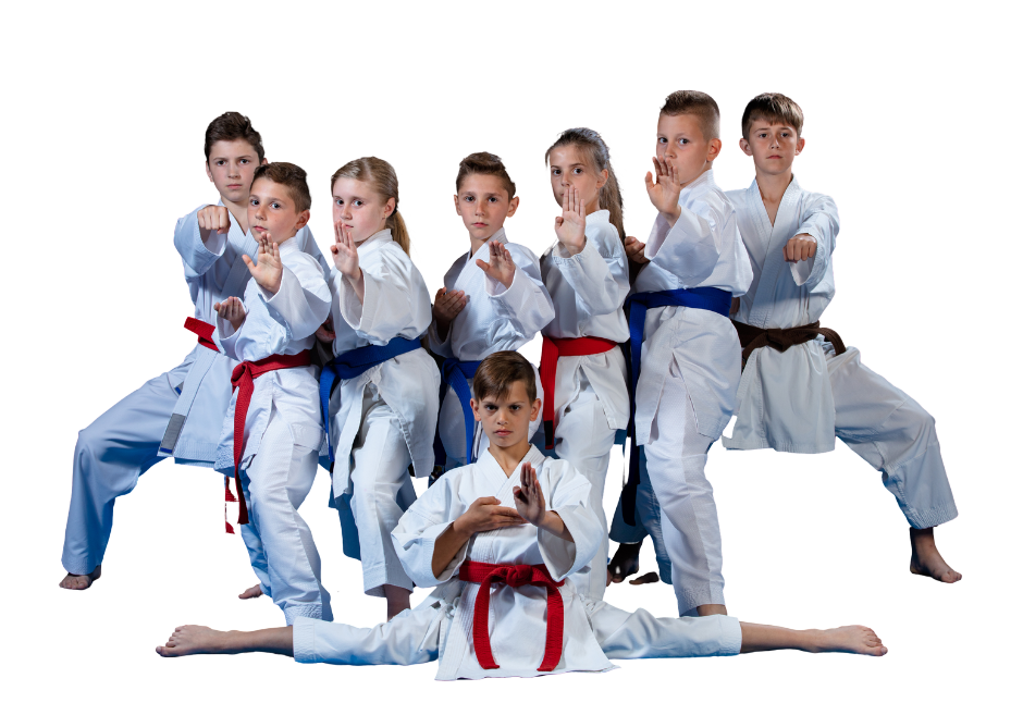 A group of children in karate uniforms are posing for a picture.