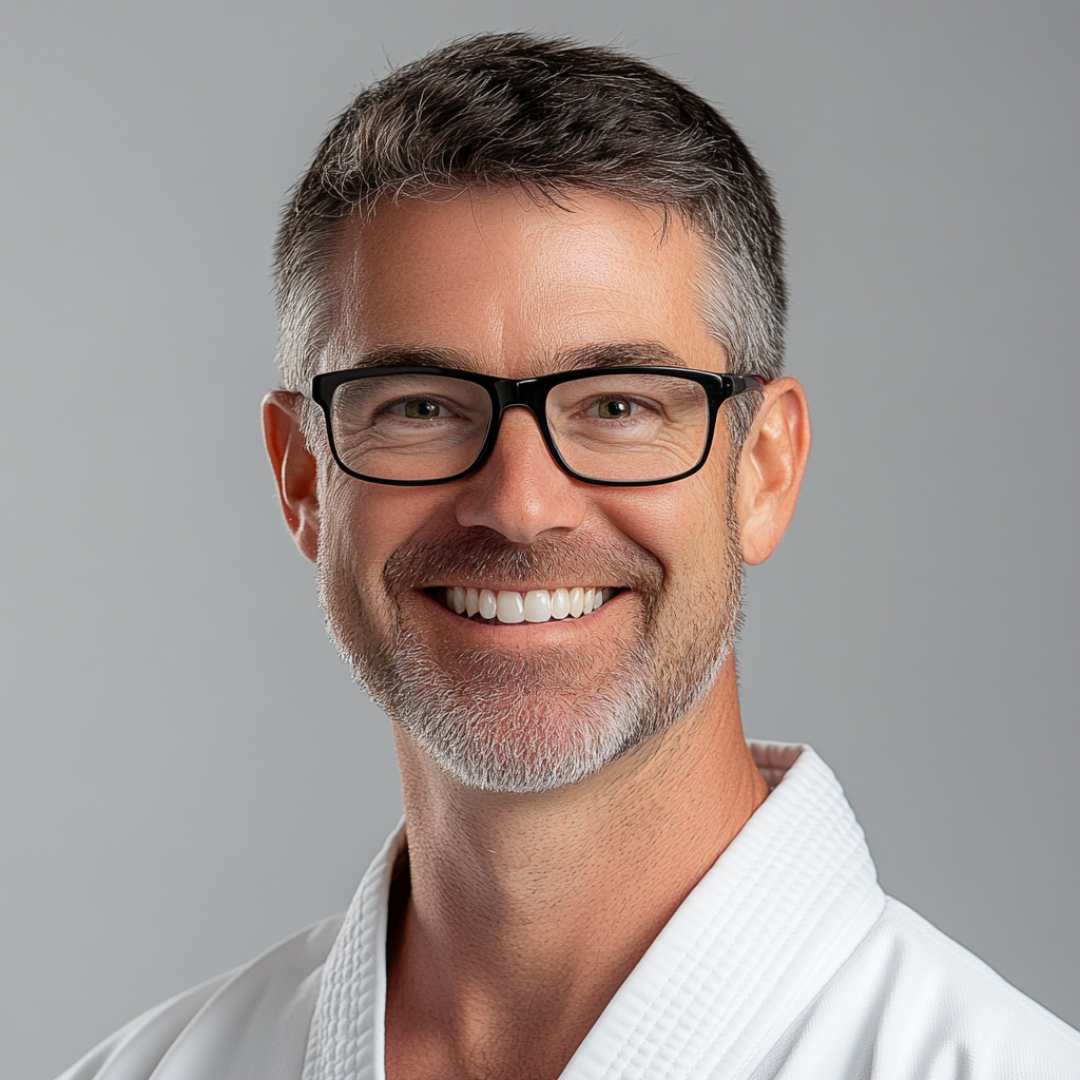 A man wearing glasses and a white karate uniform is smiling.