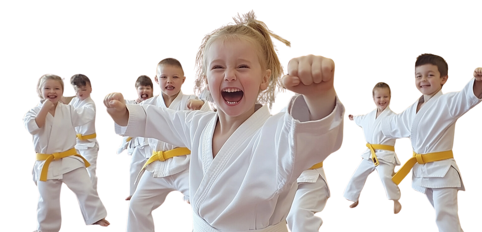 A group of young children wearing karate uniforms and purple belts.