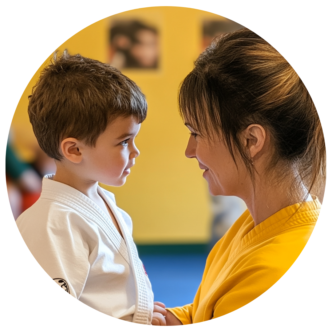 A woman and a young boy are looking at each other in a circle.