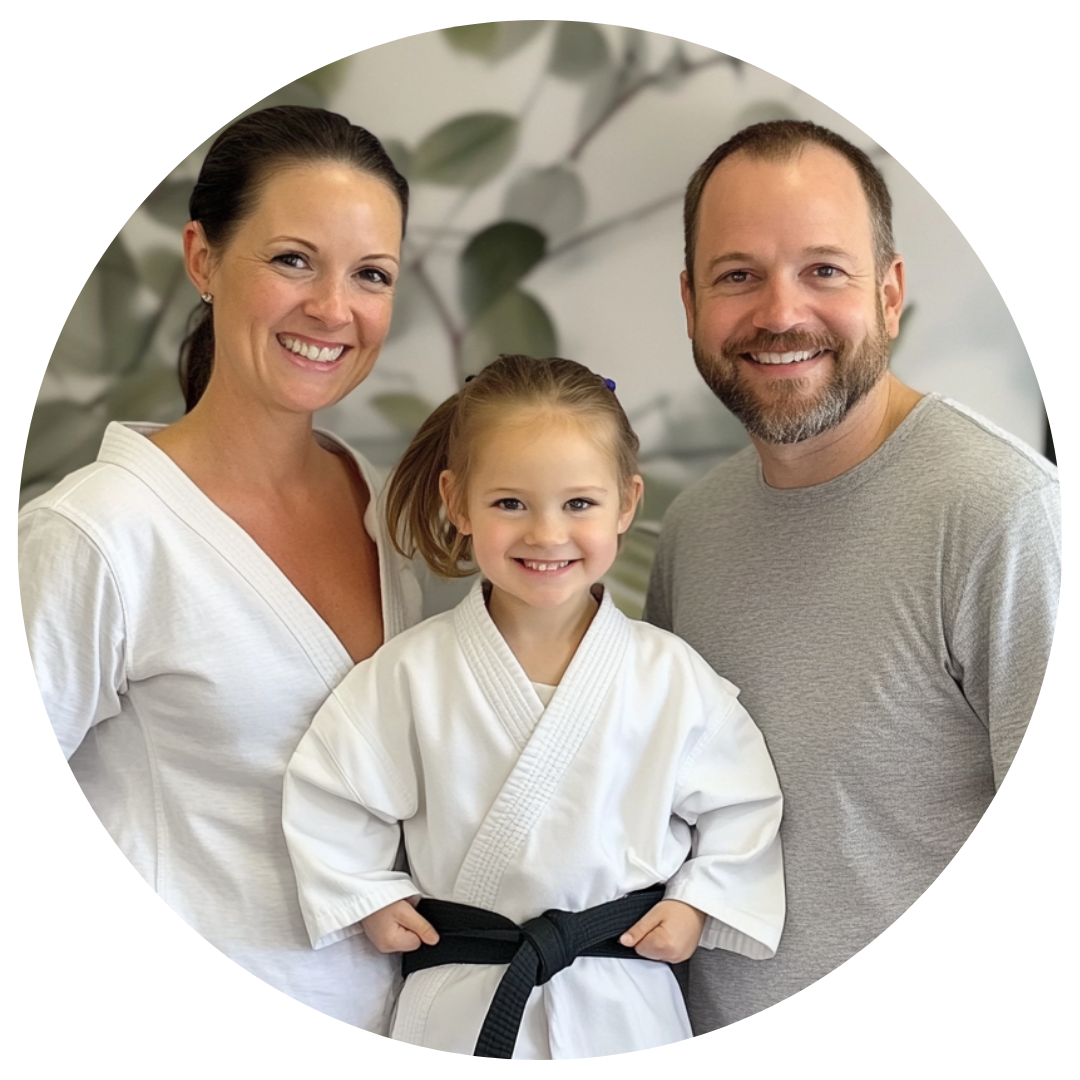 A man and woman are posing for a picture with a little boy in a karate uniform
