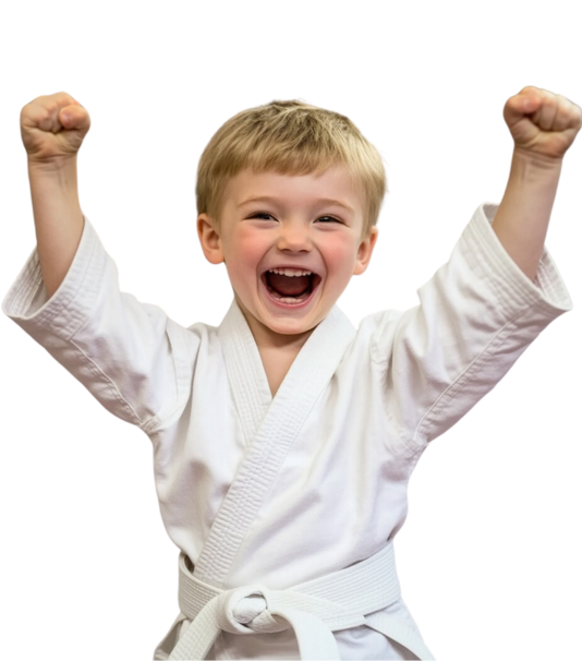 A young boy in a white karate uniform with his arms in the air