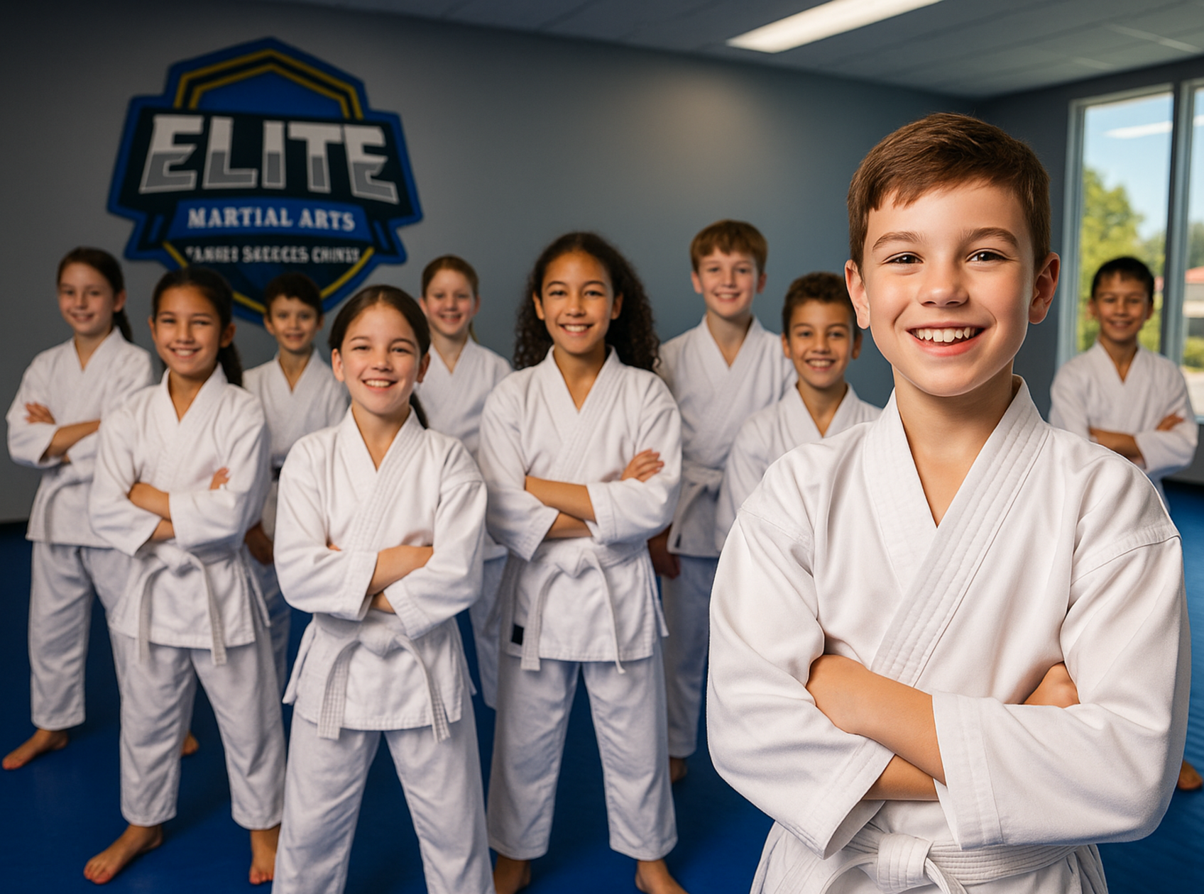 A boy and a girl are practicing karate on a blue background