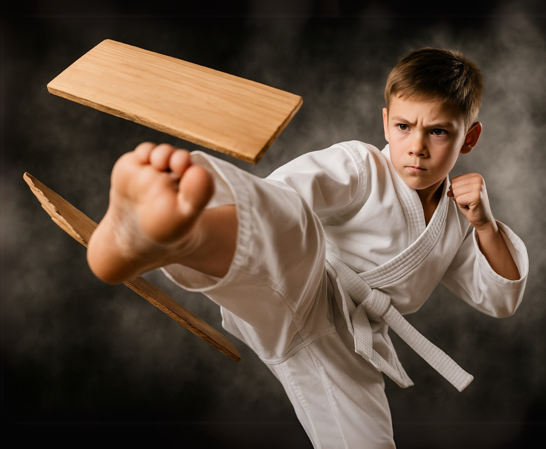 A group of children wearing white karate uniforms are giving a thumbs up