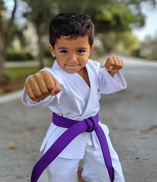 A young boy is wearing a karate uniform and a purple belt.