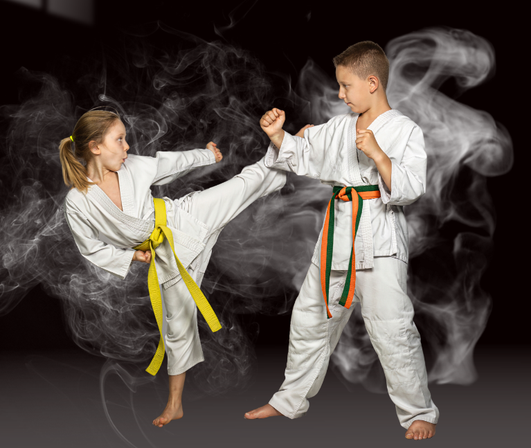 A boy and a girl are practicing karate in a gym.