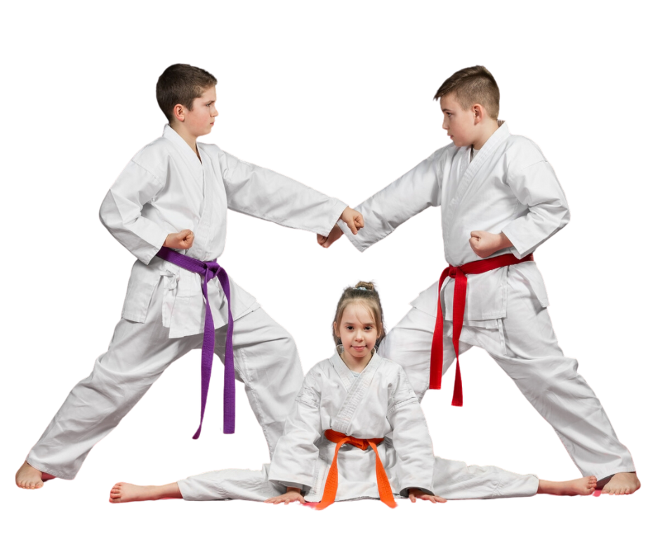 A woman in a white karate uniform with a black belt is practicing karate on a black background.