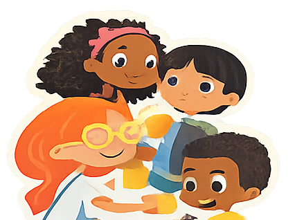 Four smiling children and a person with glasses, all with light skin tones, gathered close together.