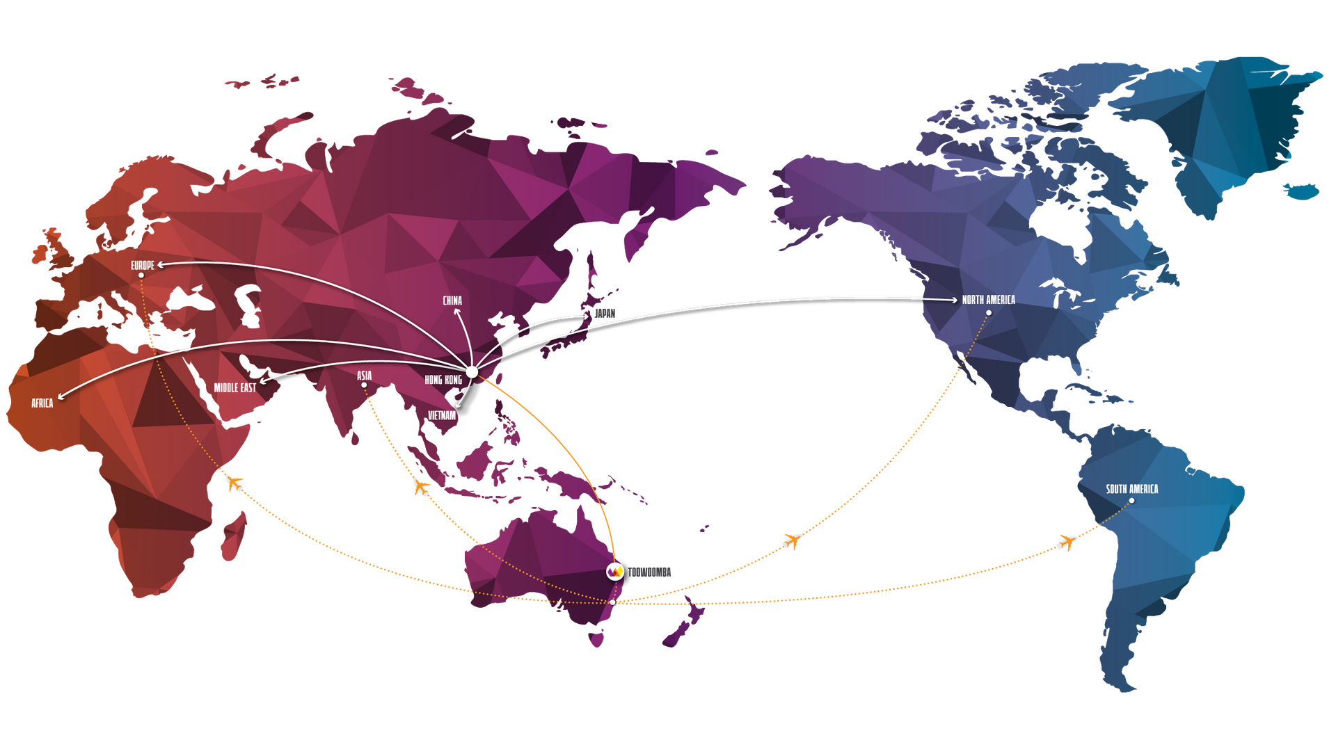A colorful map of the world with connections between countries and Toowoomba.