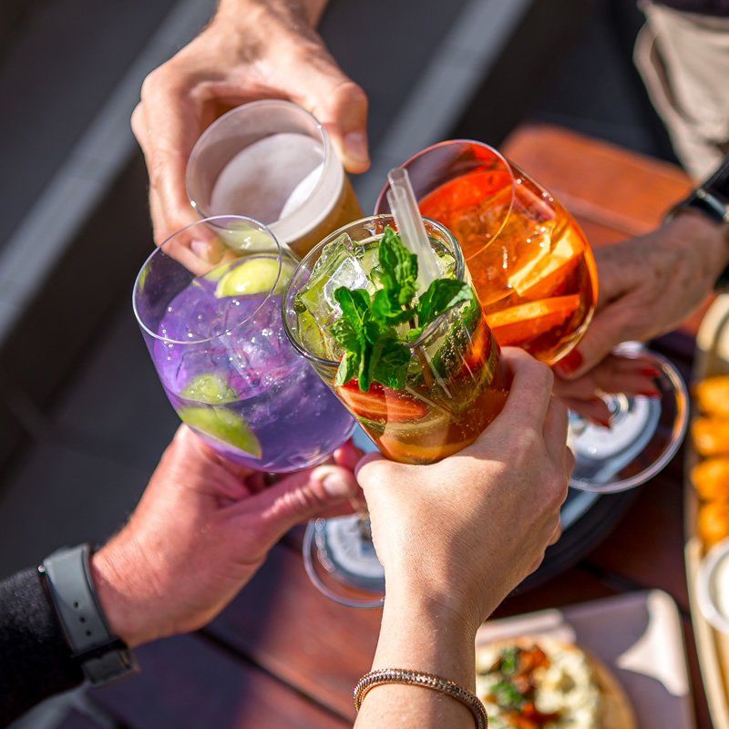 A group of people are toasting with drinks at a table.