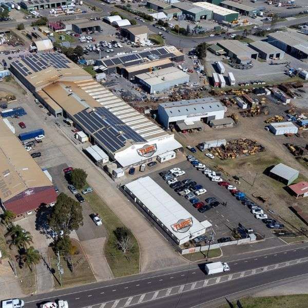 An aerial view of a large industrial area with lots of buildings