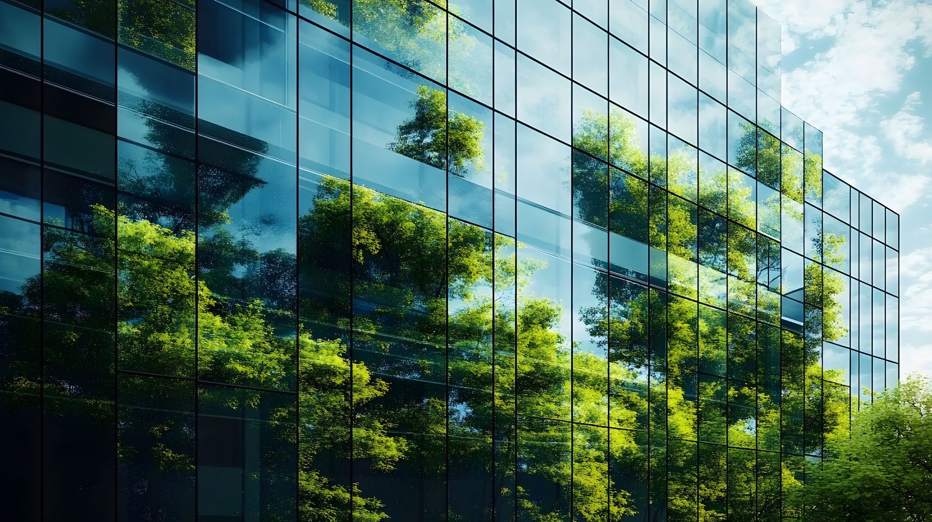 Façade vitrée reflétant les arbres et le ciel bleu.