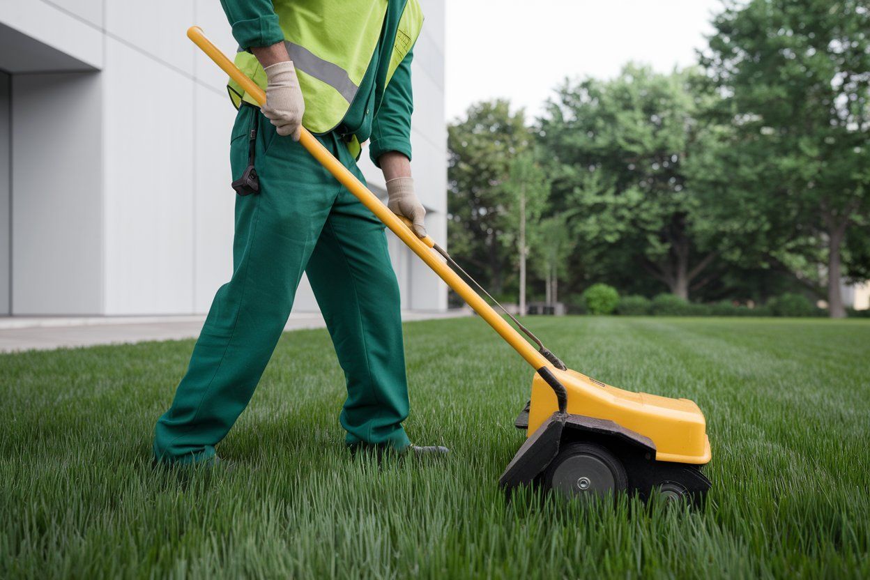 A man is mowing the grass with a yellow lawn mower.