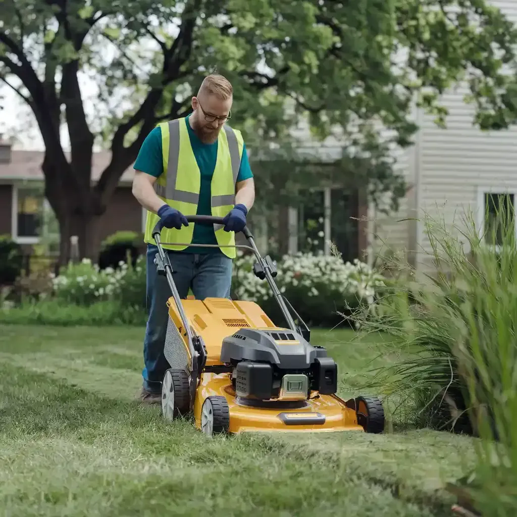 A man is mowing the lawn while a woman rakes the leaves.