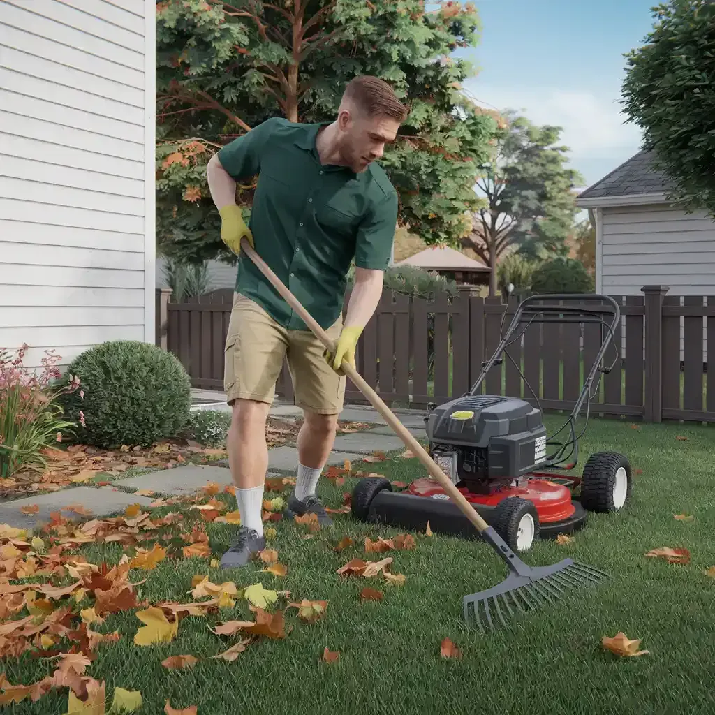 A man is raking leaves in front of a lawn mower.