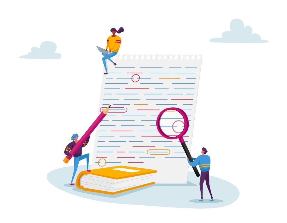 Persone che esaminano un documento: una su un computer portatile, altre con una matita e una lente d'ingrandimento.