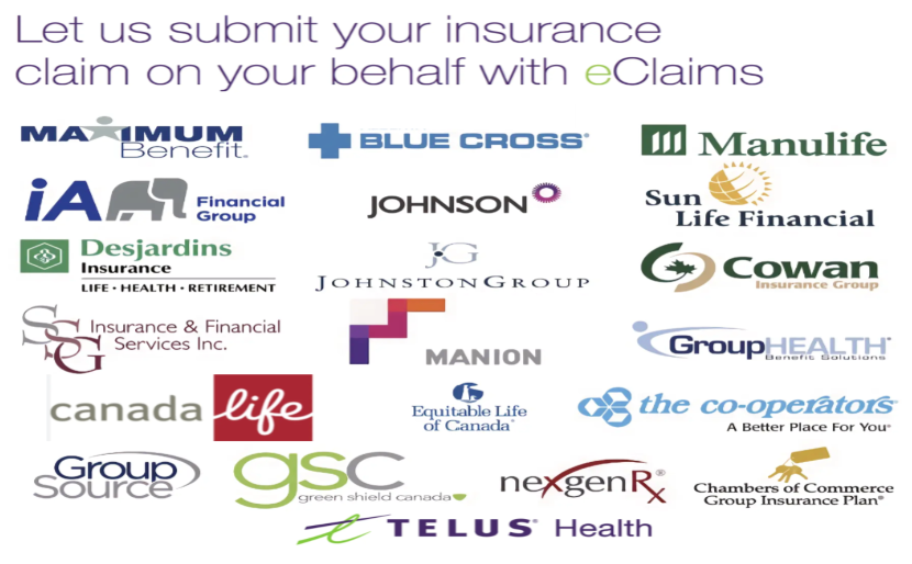 A bunch of logos on a white background that say let us submit your insurance claim on your behalf with eclaims