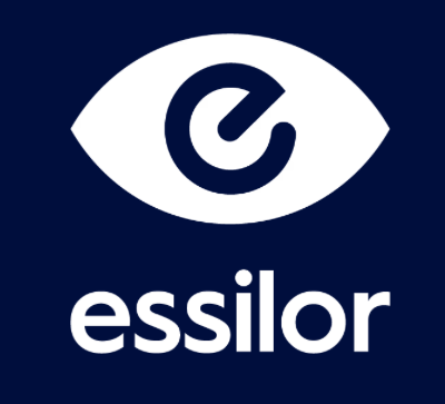 A blue and white logo for a company called essilor