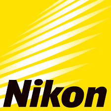 A nikon logo with a yellow background and white stripes