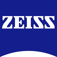 A blue and white logo for zeiss on a white background.