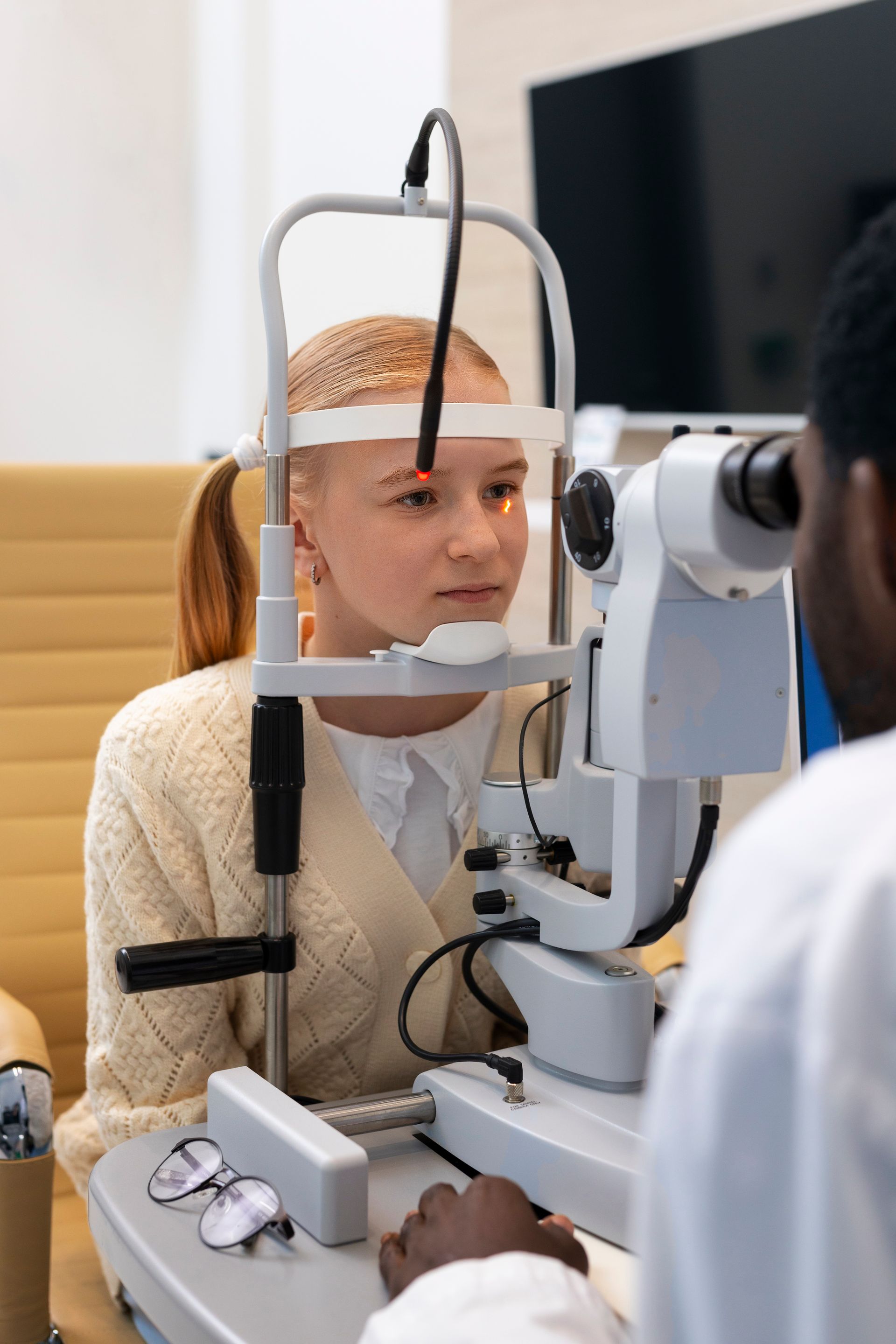 A young girl is getting her eyes examined by an ophthalmologist.