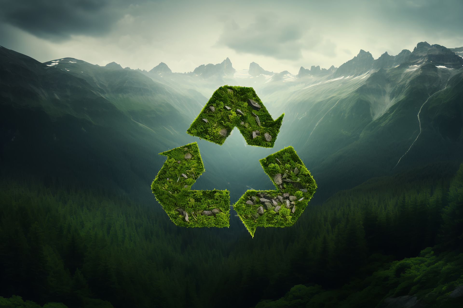 A recycling symbol made of grass in front of a mountain range.