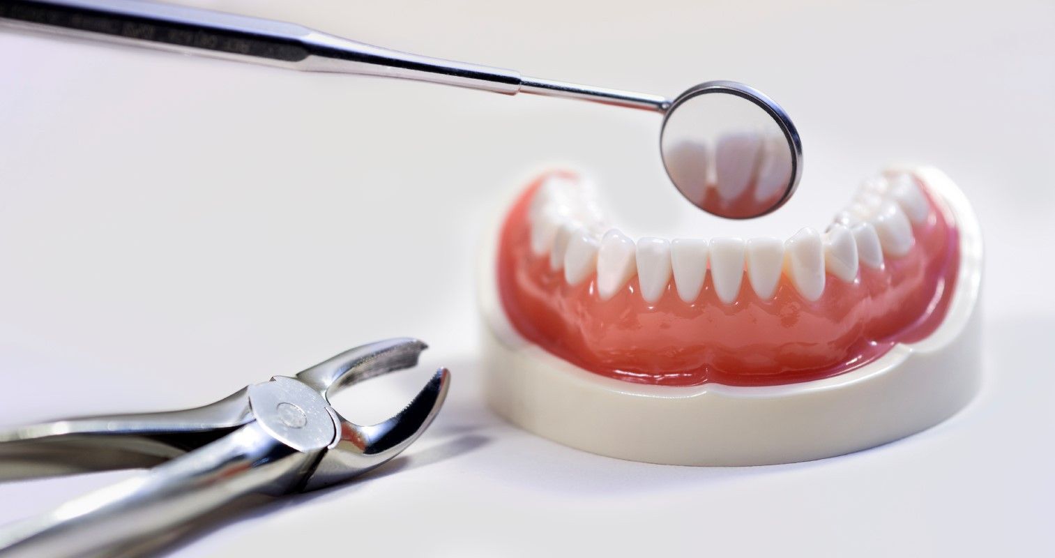 A model of dentures with dental instruments